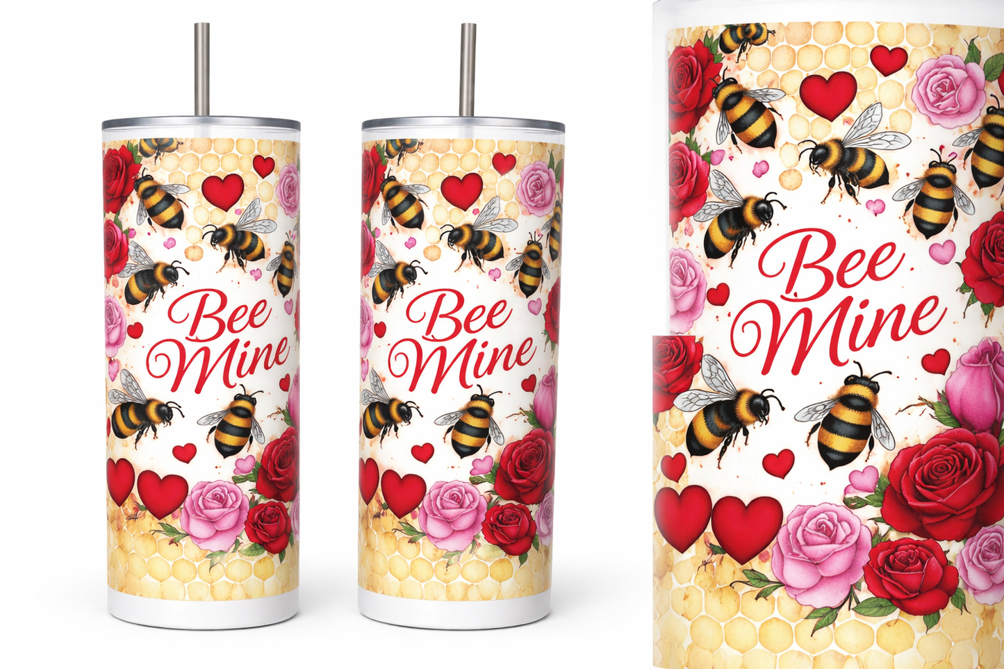 Bee Mine 20oz Skinny Tumbler – Valentine Bee & Rose Design