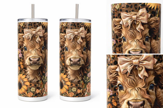 Highland Cow 20oz Skinny Tumbler – Floral Cow with Bow, Sublimated