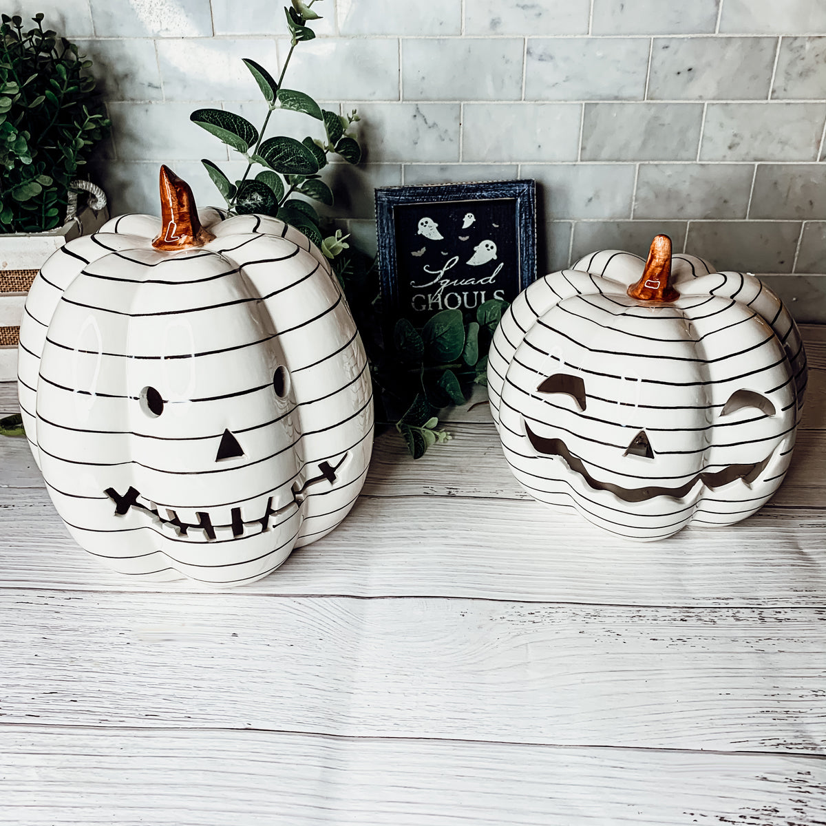 Hand Painted Black White LED Striped Pumpkin Minimalist Fall Halloween Decor