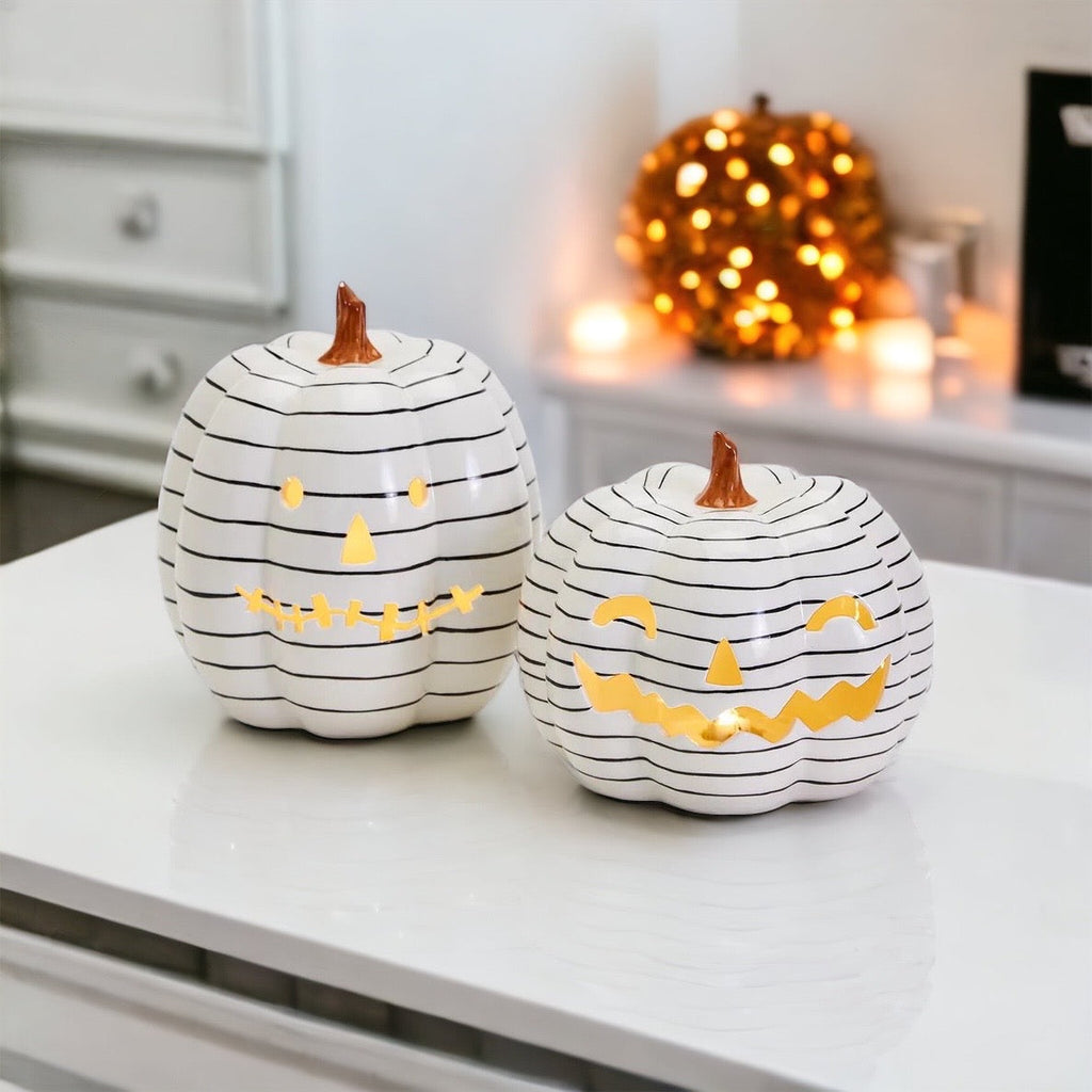Hand Painted Black White LED Striped Pumpkin Minimalist Fall Halloween Decor