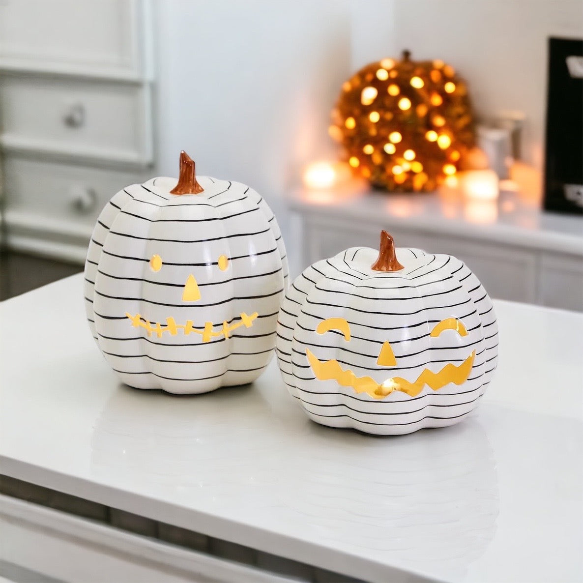 Hand Painted Black White LED Striped Pumpkin Minimalist Fall Halloween Decor