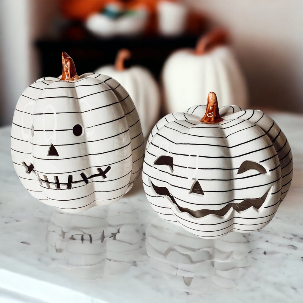 Hand Painted Black White LED Striped Pumpkin Minimalist Fall Halloween Decor