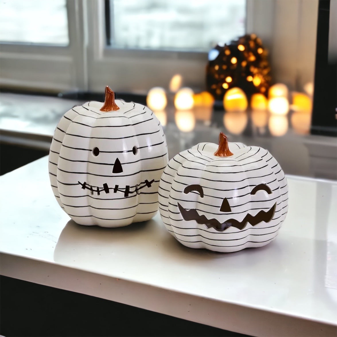 Hand Painted Black White LED Striped Pumpkin Minimalist Fall Halloween Decor