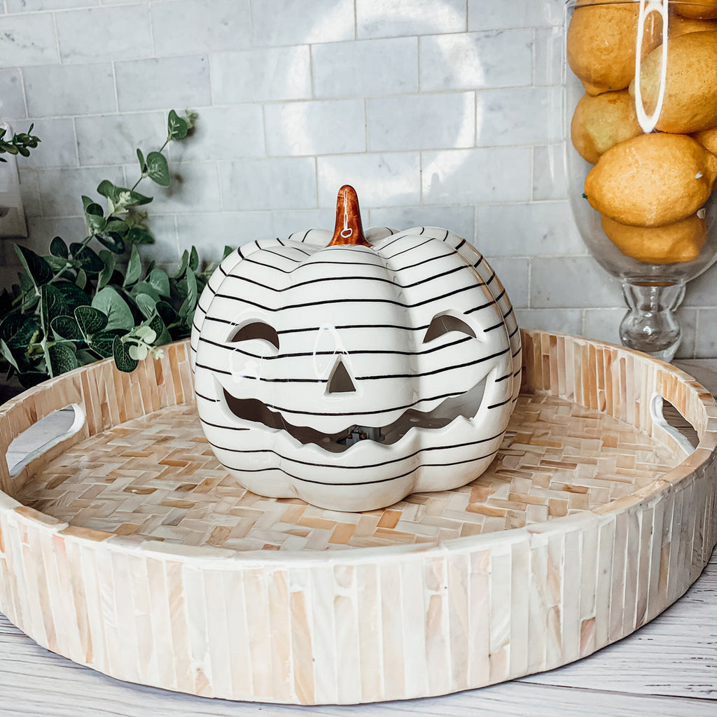 Hand Painted Black White LED Striped Pumpkin Minimalist Fall Halloween Decor
